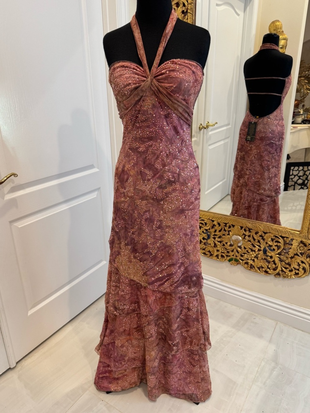 Sparkling hand beaded, layered skirt Mauve Halter Maxi Dress stretch fabric - Picture 8 of 16